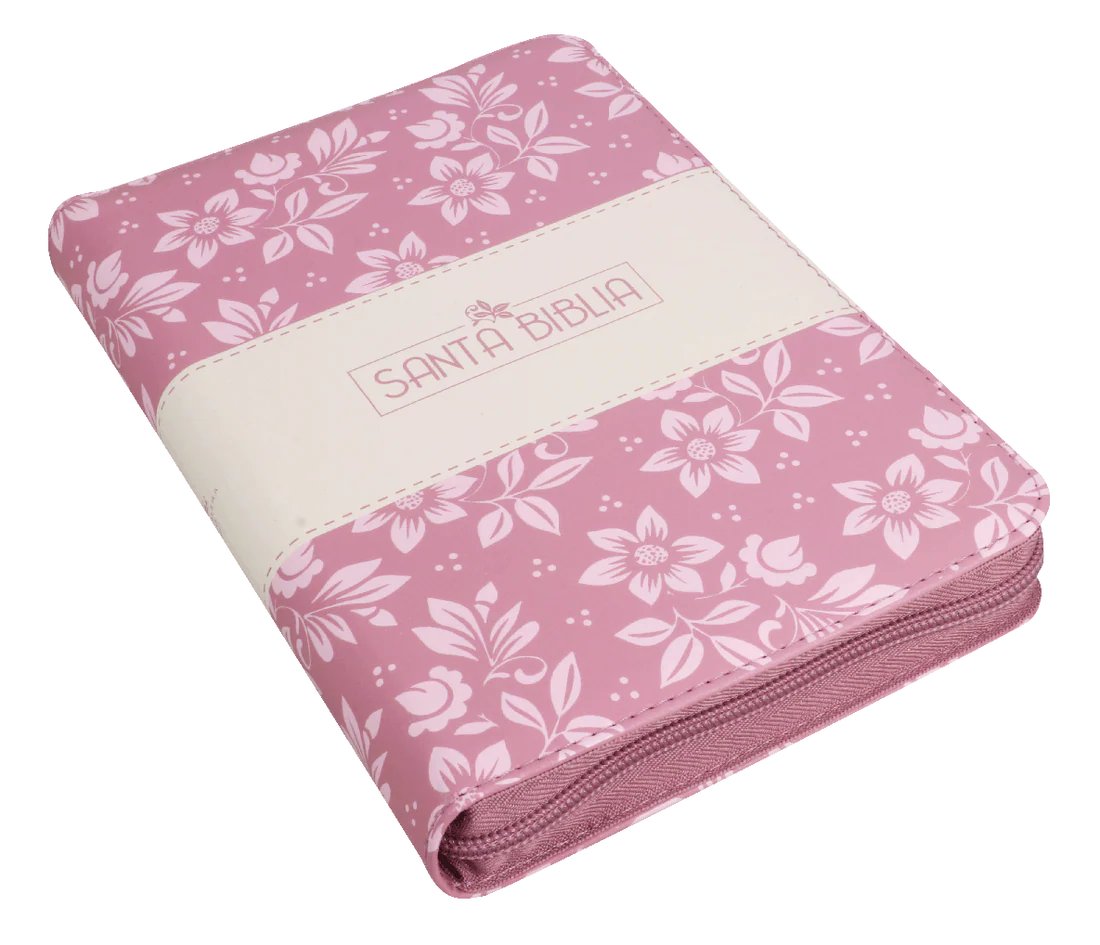 Biblia RVR 1960 Letra Grande 12 pts piel rosa con flores cierre - Imagen 3