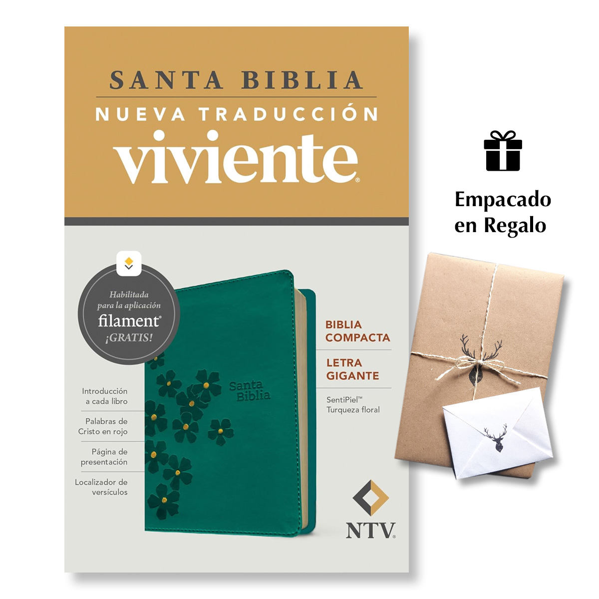 Biblia compacta NTV letra gigante con Filament SentiPiel Turquesa floral Letra Roja