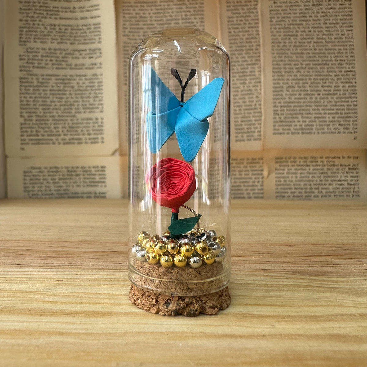 Mini Frasco de Mariposa Azul Flor roja 🌷 🦋 en Origami