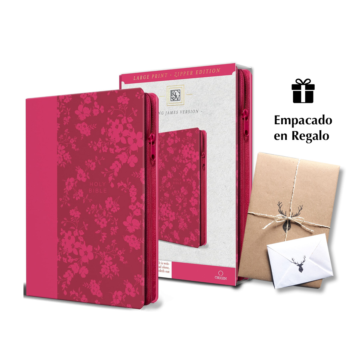 Holy Bible KJV Large Print Handy Size Fuchsia Premium Imitation Leather w/Ribbon Marker, Red Letter, Zippe