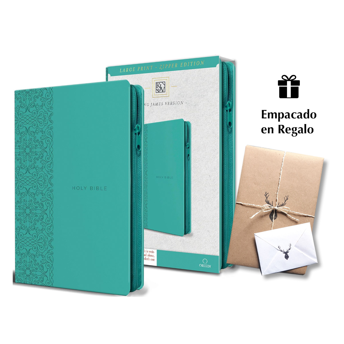 King James Version (KJV) Holy Bible Large Print, Handy Size, Aquamarine Premium Imitation Leather Cover with Zipper, Red Letter Edition, Ribbon Marker