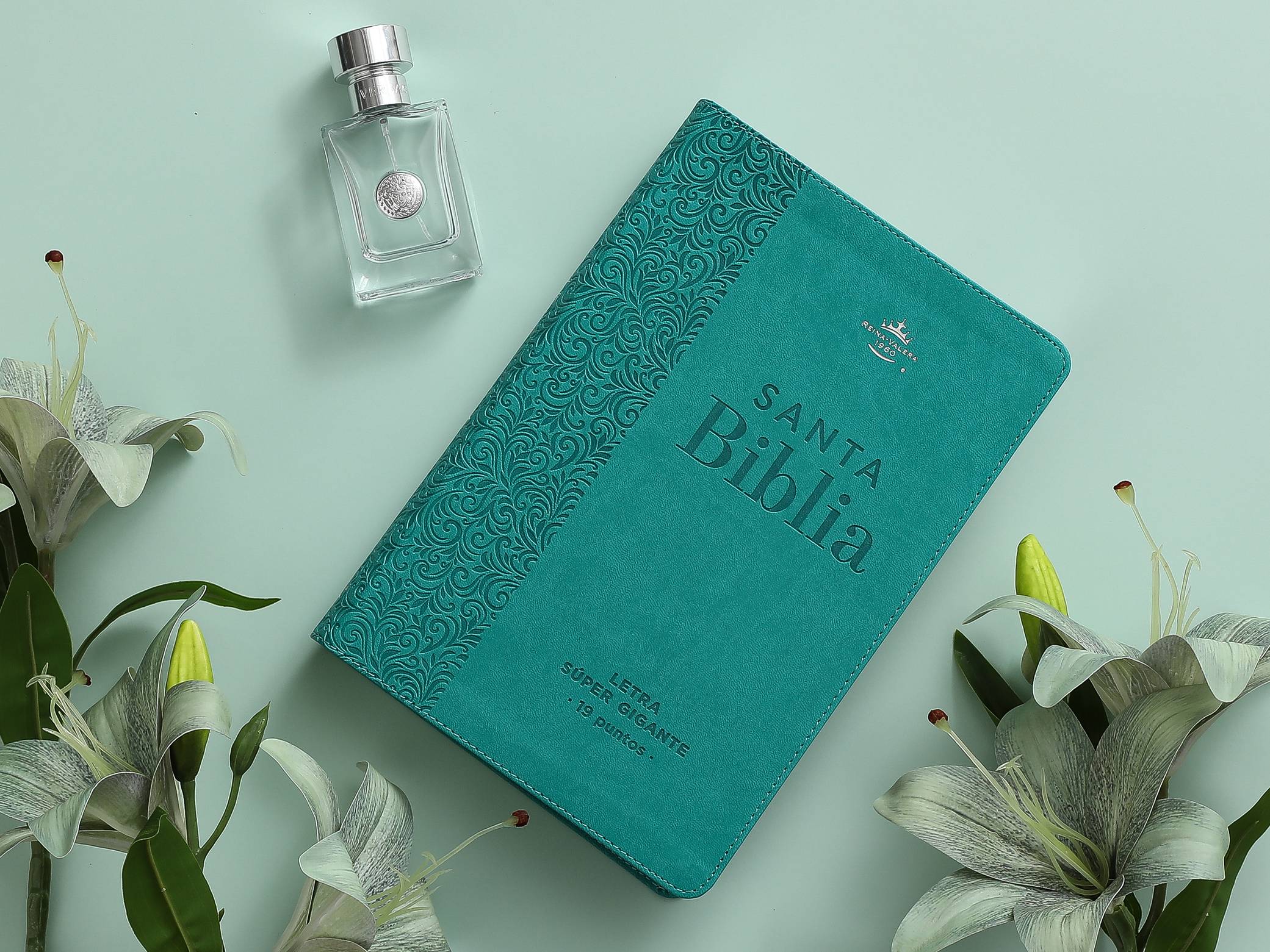 Biblia RVR60 Letra Súper Gigante 19 puntos i/piel Turquesa Floral con índice - Imagen 2