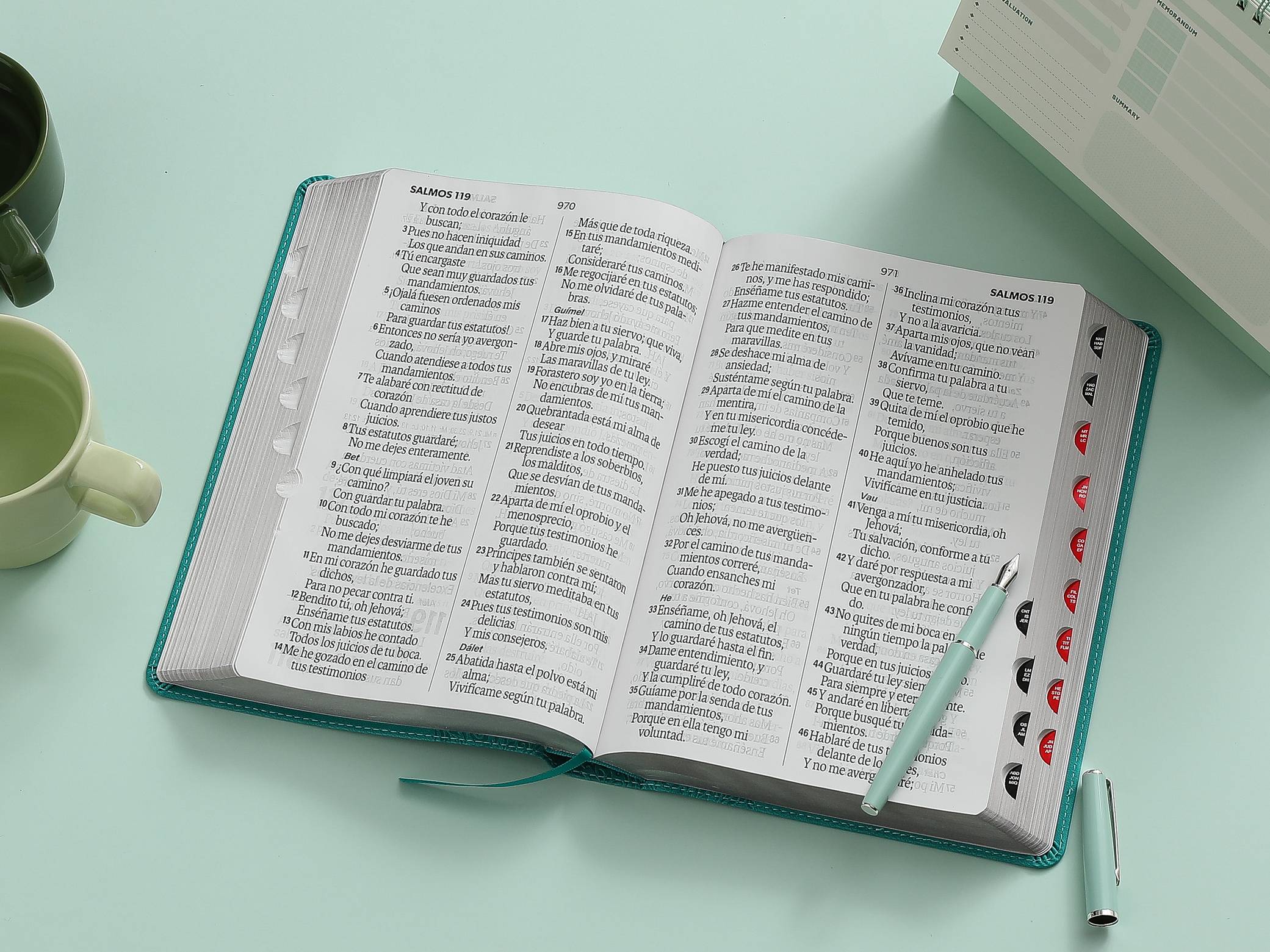 Biblia RVR60 Letra Súper Gigante 19 puntos i/piel Turquesa Floral con índice - Imagen 5