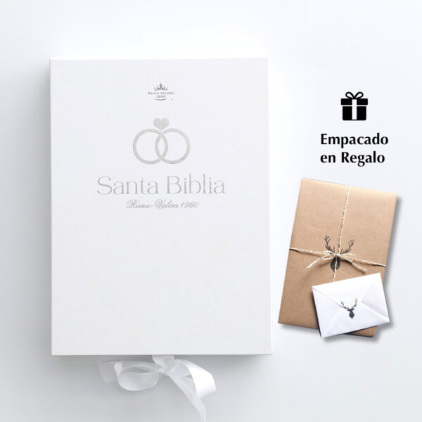 Biblia RVR60 especial de bodas con índice y caja de regalo. Letra Grande. Blanca y plateado