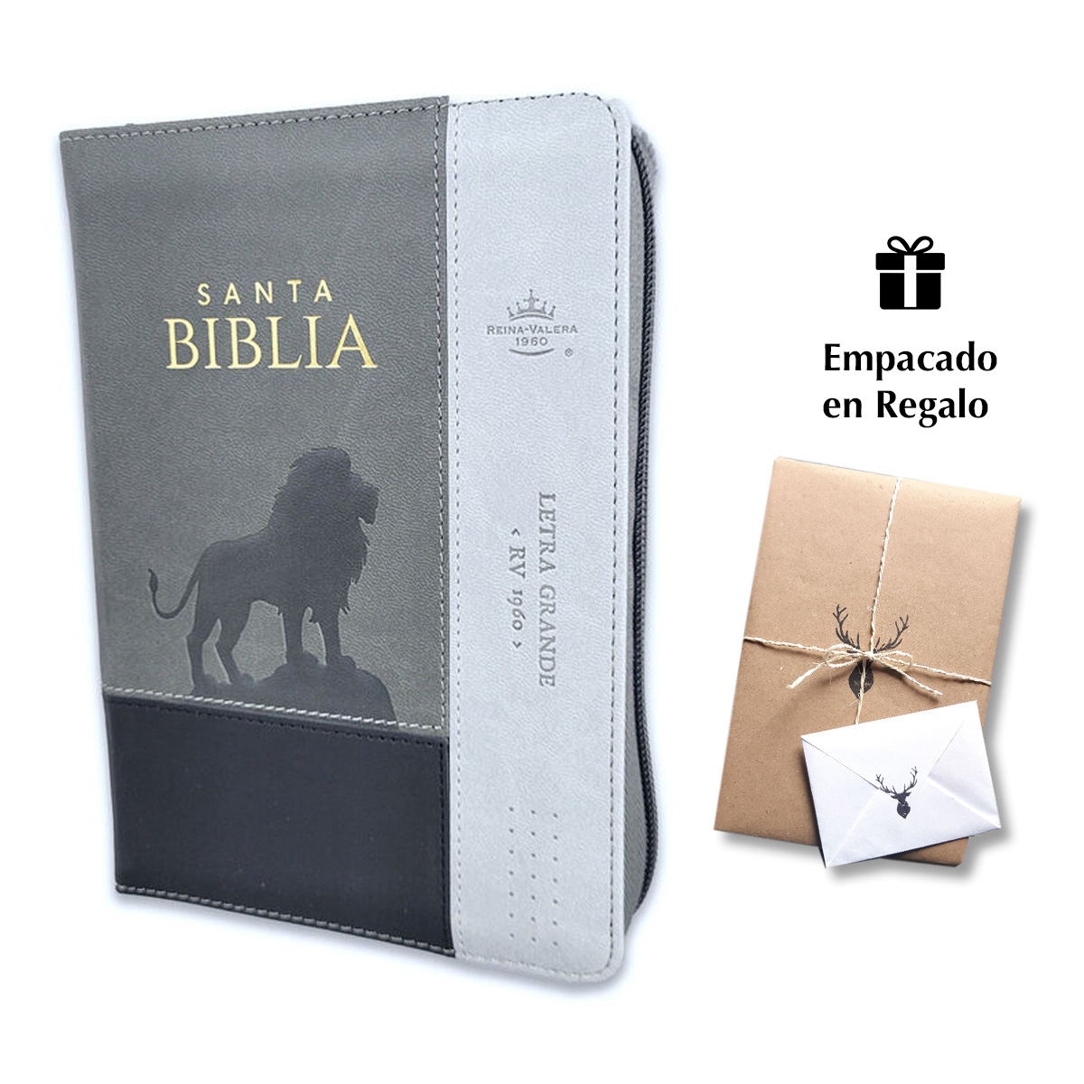 Biblia RVR60 Tamaño compacto Letra Grande 12 puntos i/piel tricolor gris/gris/gris León con cierre y con índice