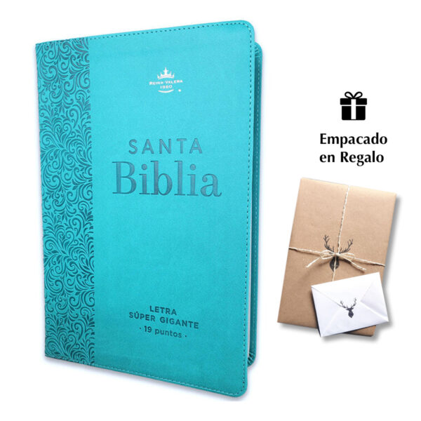 Biblia RVR60 Letra Súper Gigante 19 puntos i/piel Turquesa Floral con índice