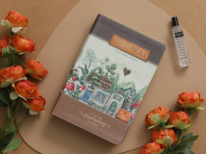 Biblia Letra Súper Gigante 19 puntos Mediana RV1960 imit piel floral marrón y canto con mensaje - Yo y mi casa - Imagen 5