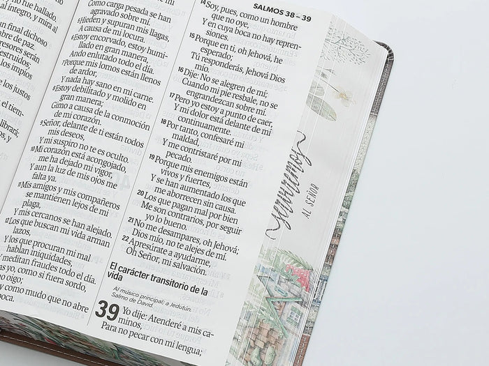 Biblia Letra Súper Gigante 19 puntos Mediana RV1960 imit piel floral marrón y canto con mensaje - Yo y mi casa - Imagen 6