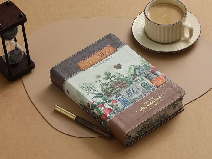 Biblia Letra Súper Gigante 19 puntos Mediana RV1960 imit piel floral marrón y canto con mensaje - Yo y mi casa - Imagen 4