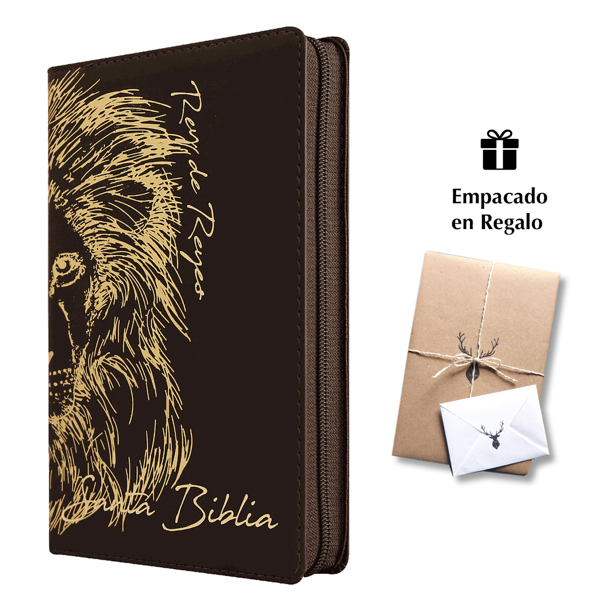 Biblia RVR 1960 Tapa Símil Piel diseño León Café Letra grande con índice
