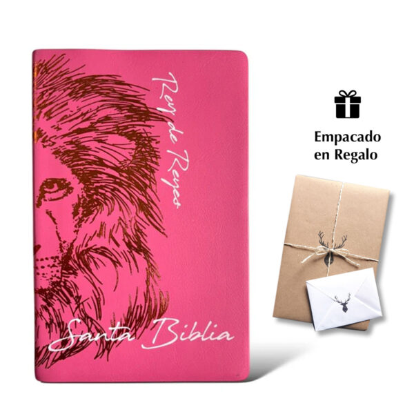 Biblia RVR 1960 Tapa Símil Piel diseño León Rey de Reyes Rosa Letra grande