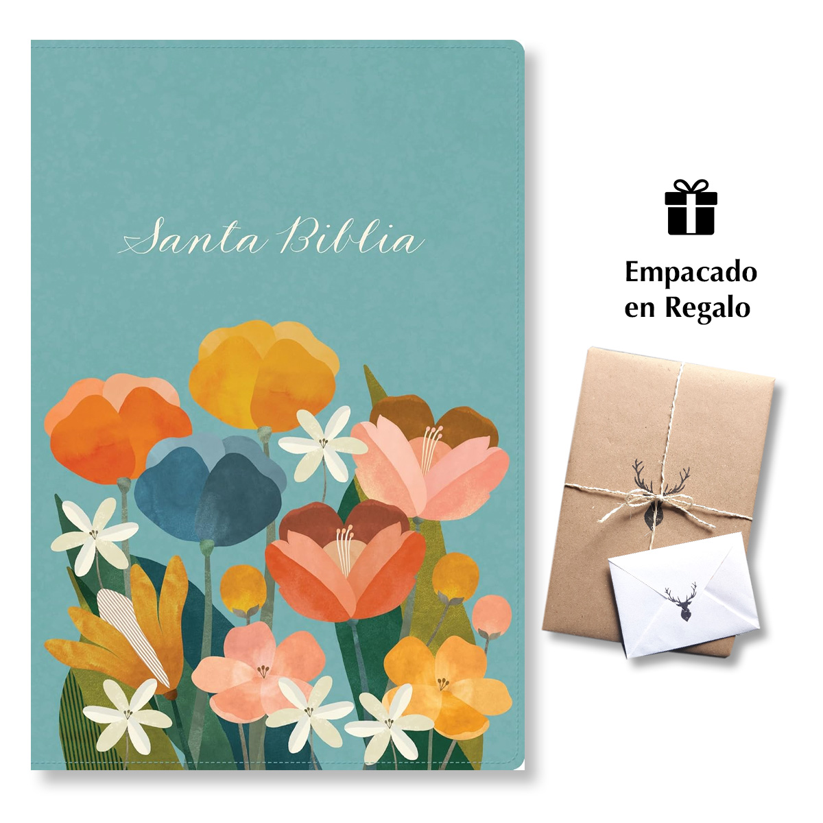 Biblia RVR60 Aqua Flores Letra Grande Tamaño Manual Imitacion Piel