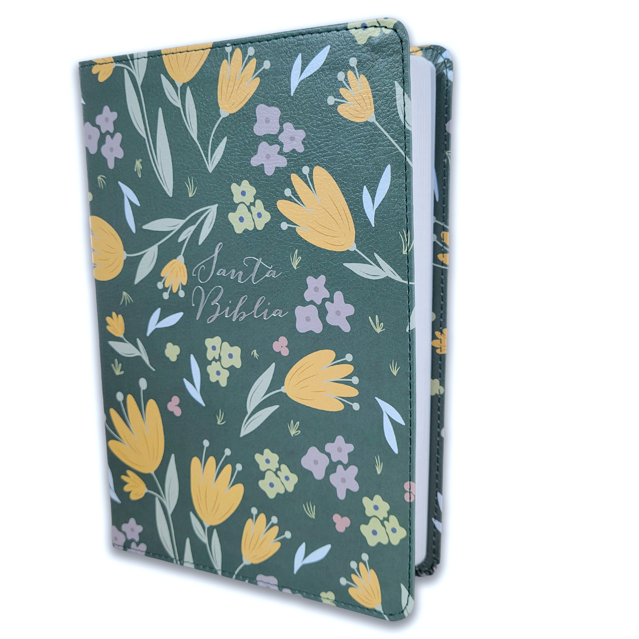 Biblia RVR60 Verde Flores Letra Grande Tamaño Manual Imitacion Piel - Imagen 2