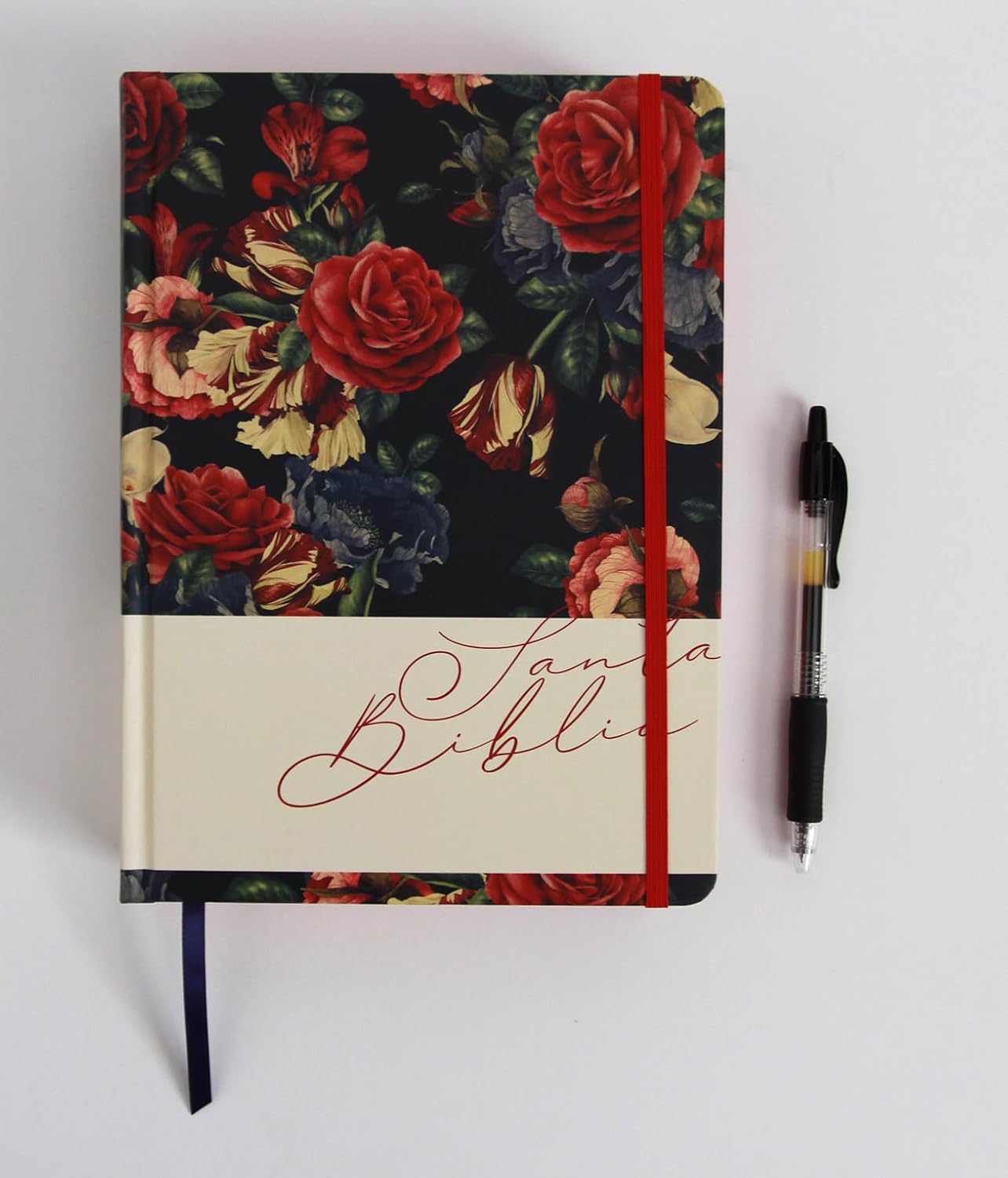 Biblia de Apuntes RVR 1960 Tapa dura Azul oscuro con flores - Imagen 2