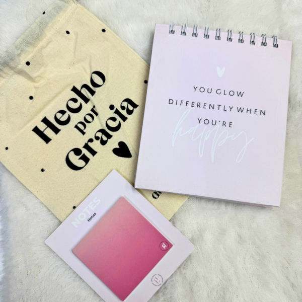💫 Cuaderno Bitácora Glow – You Glow When You’re Happy + Block de Notas + Tula