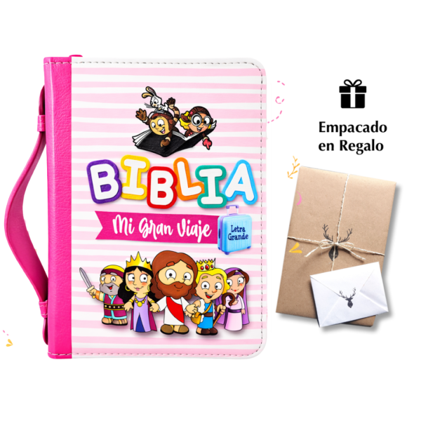 Biblia para Niñas Mi Gran Viaje Compacta con Cierre RV1960, imit piel rosa con asa de mano
