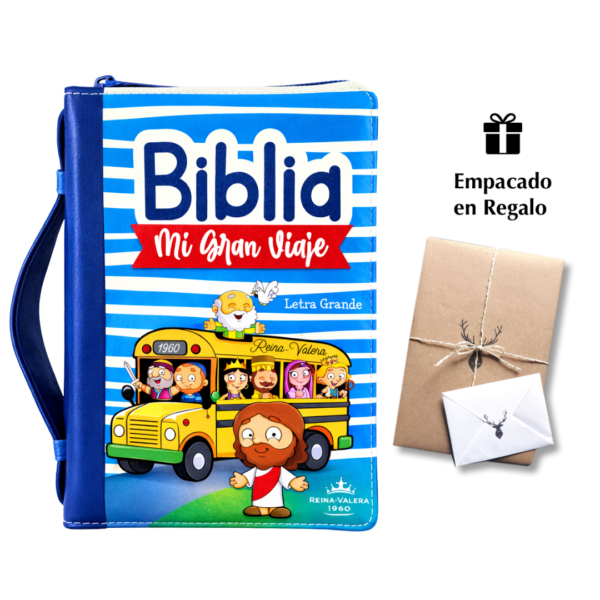 Biblia para Niños Mi Gran Viaje Compacta con Cierre RV1960, imit piel azul con asa de mano
