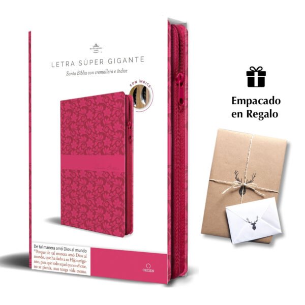 Biblia Reina Valera Revisada 1960 letra súper gigante, símil piel fucsia rosada, cremallera e índice