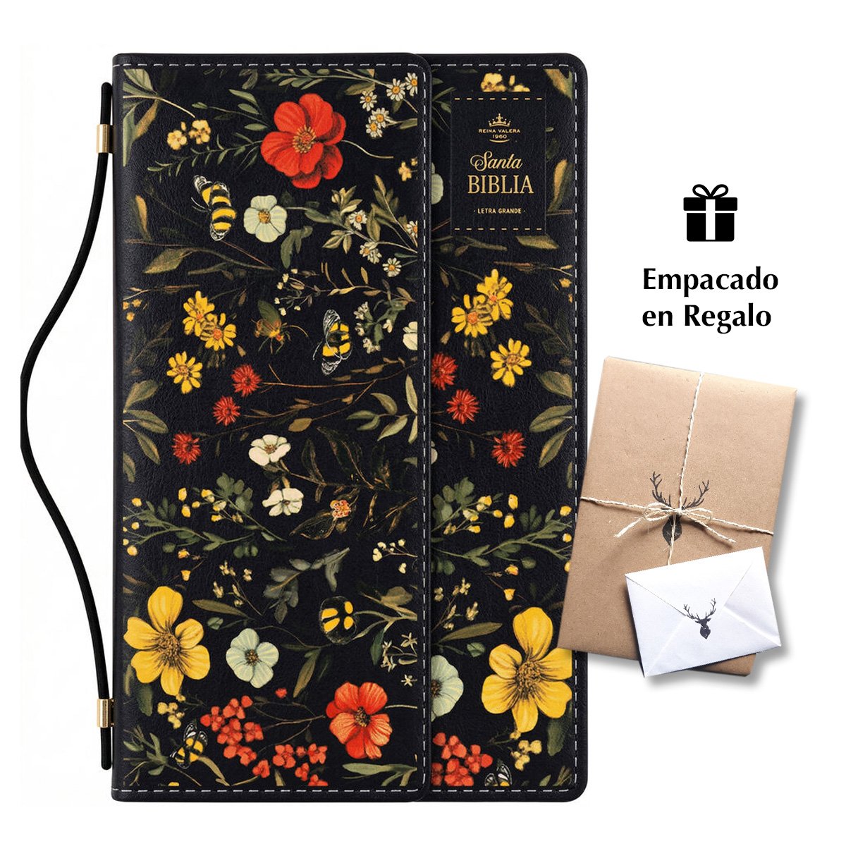 Biblia RVR60c Exquisita Flores Negro Manija Iman Letra Grande 12 puntos