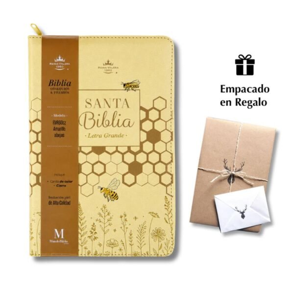 Biblia RVR60 Letra Grande 11.5 pts Amarillo Abejas Piel Cierre
