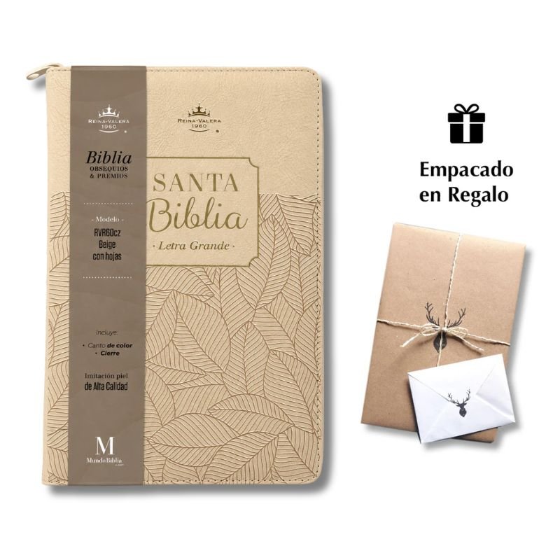 Biblia RVR1960 Letra Grande 11.5 pts – Beige hojas piel cierre