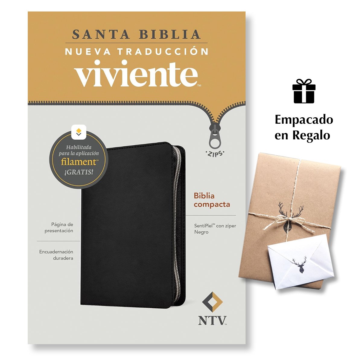 Biblia compacta NTV de zíper con Filament SentiPiel Negro