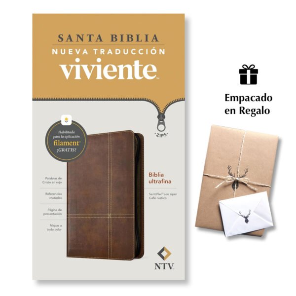 Biblia ultrafina NTV de zíper  con Filament SentiPiel Café rústico  Letra Roja