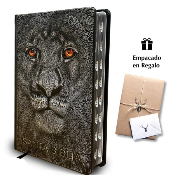 Biblia RVR 1960 Letra grande León de Judá edición especial plata con índice y canto negro