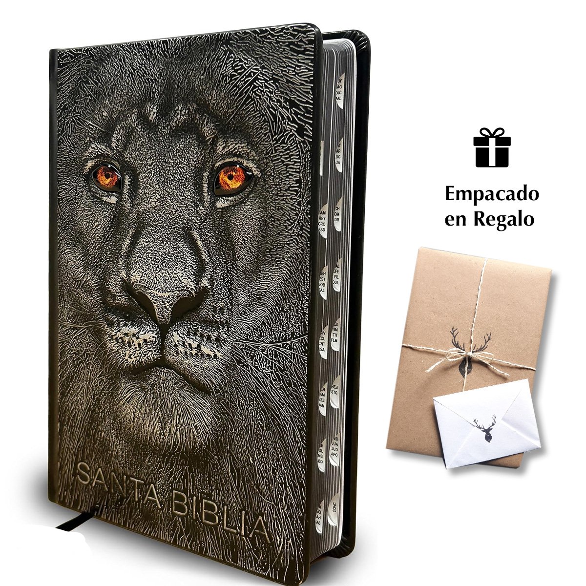 Biblia RVR 1960 Letra grande León de Judá edición especial plata con índice y canto negro