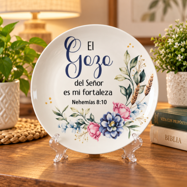 El Gozo del Señor es Mi Fortaleza | Nehemías 8:10 - Plato Decorativo Cristiano de Cerámica