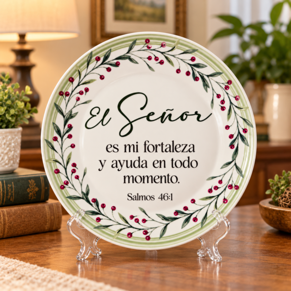 El Señor es Mi Fortaleza y Ayuda | Salmos 46:1  - Plato Decorativo Cristiano de Cerámica