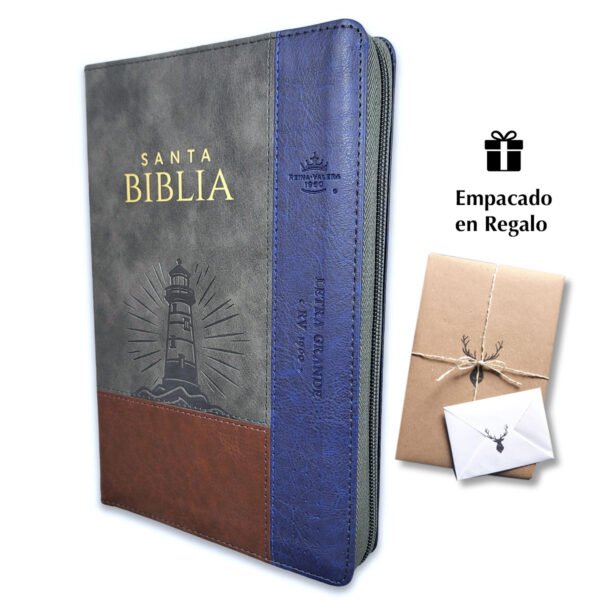 Biblia con Cierre Letra Grande 12 puntos RV1960, imit piel tricolor marrón/gris/azul con índice