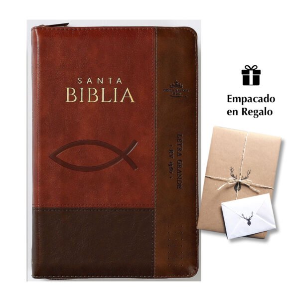 RVR60 Biblia Tamaño Manual Letra Grande con Cierre e Índice Imitación Piel - Café Ichtus