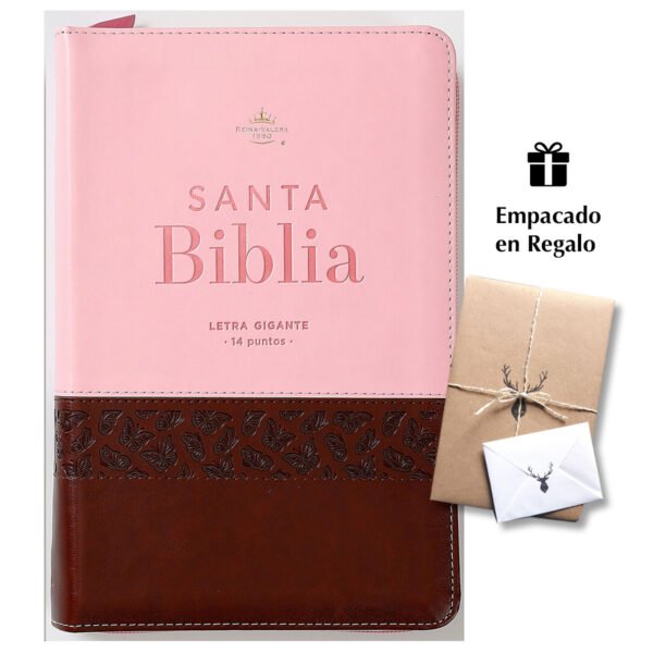Biblia RVR60 TAmaño Manual letra Gigante 14 puntos /piel café/rosa mariposas con cierre/índice