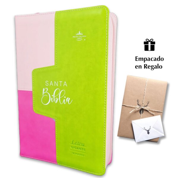 Biblia RVR60 Tamaño manual letra Gigante i/piel Rosa/lima/rosa con cierre e índice