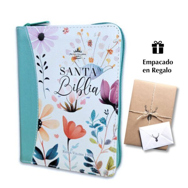 Biblia RVR60 de Bolsillo colección jardín Turquesa con cierre índice y canto pintado