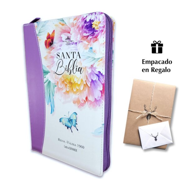 Biblia con Cierre Letra Grande 12 puntos para Mujer RV1960 imit piel lila con índice y canto floral