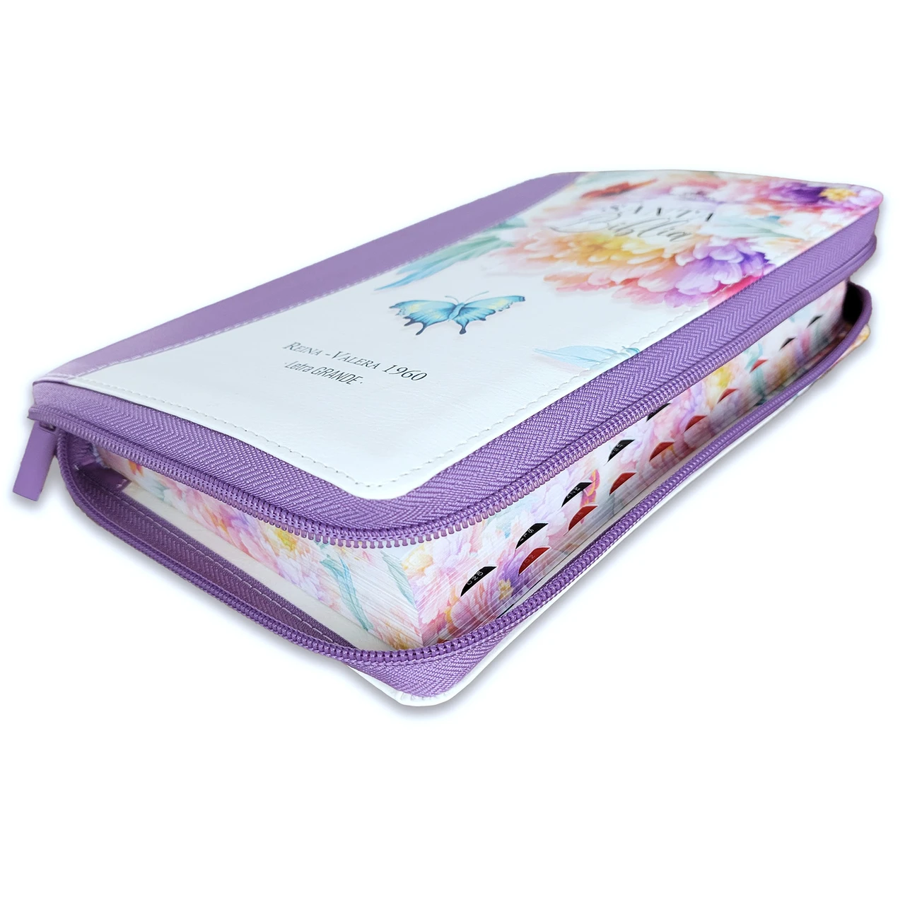 Biblia con Cierre Letra Grande 12 puntos para Mujer RV1960 imit piel lila con índice y canto floral - Imagen 2