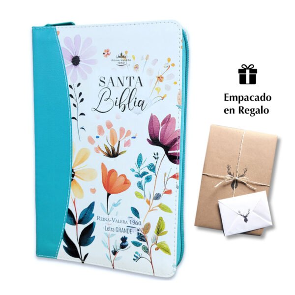 Biblia RVR60 tamaño manual letra grande JARDÍN TURQUESA con cierre e índice