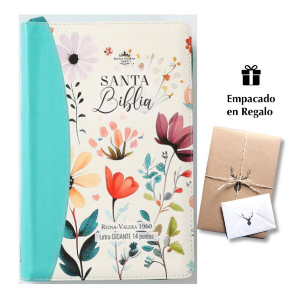 Biblia RVR60 tamaño manual letra Gigante 14 puntos jardín turquesa. Con cierre/índice y canto pintado