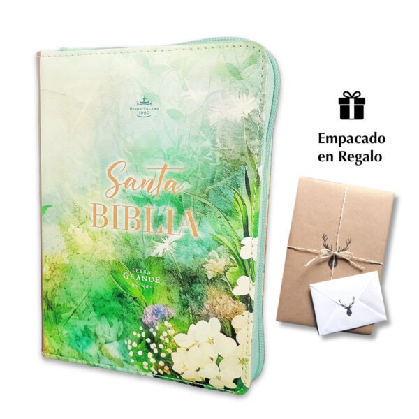 Biblia con Cierre Compacta 10 puntos RV1960, imit piel primavera floral verde con índice y canto floral