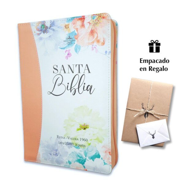 Biblia con Cierre Letra Gigante Manual 14 puntos RV1960, imit piel jardín coral con índice y canto floral