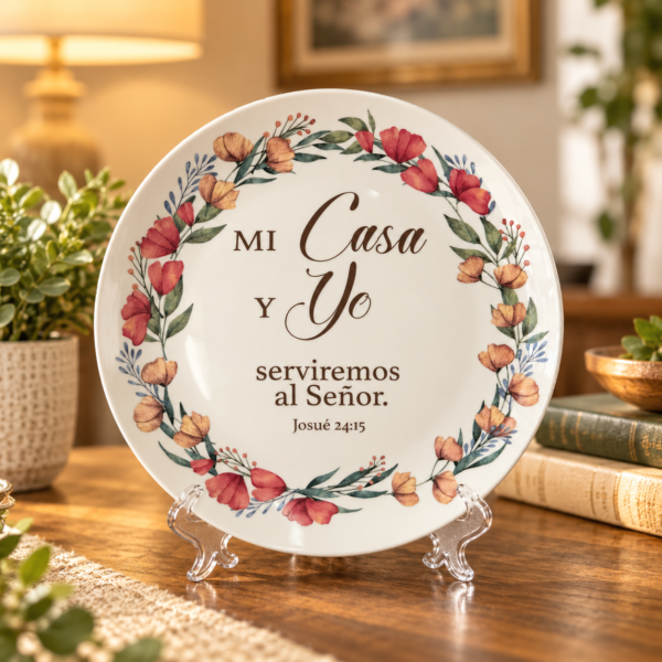 Mi Casa y Yo Serviremos al Señor | Josué 24:15  | Plato Decorativo Cristiano de Cerámica